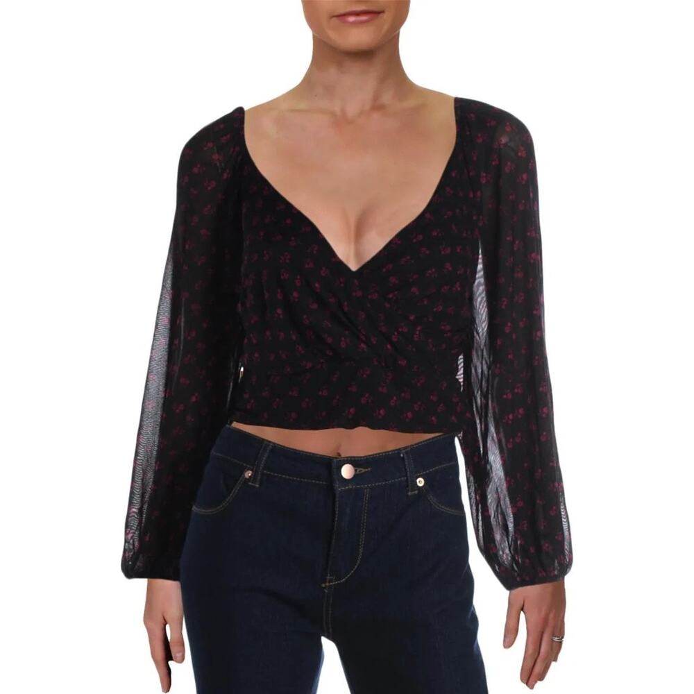 Free People Fixed Wrap Floral Cropped Top Black Mesh Ruched Long Sleeve Sz S